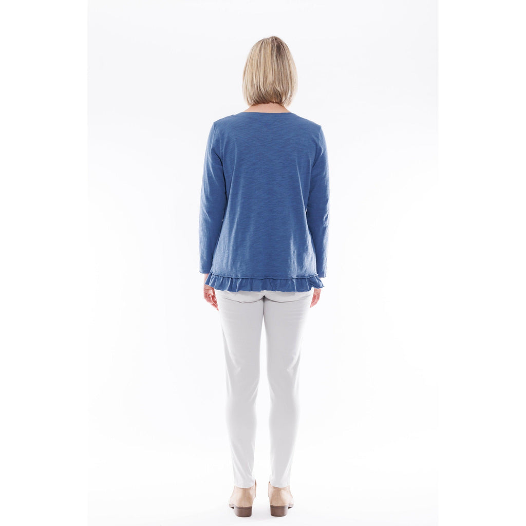 Cotton Frill Hem Long Sleeve Top - Denim - Willow and Vine