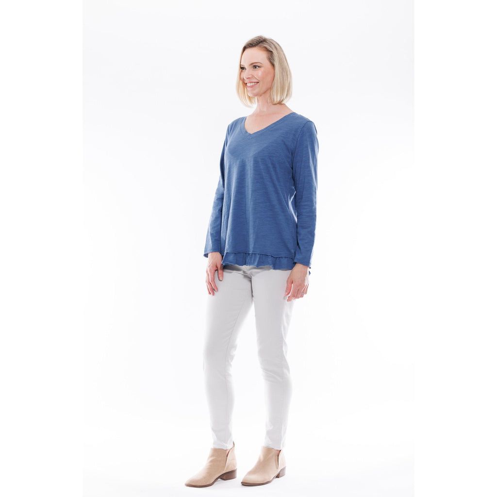 Cotton Frill Hem Long Sleeve Top - Denim - Willow and Vine