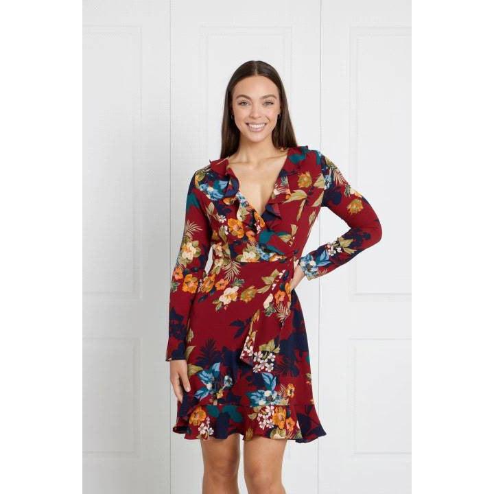 Long Sleeve Floral Fake Wrap Dress - Willow and Vine