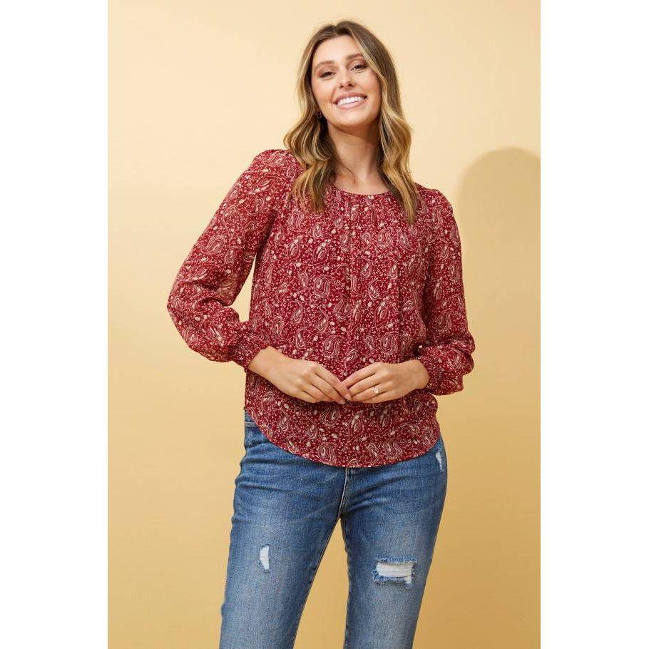 Long Sleeve Printed Blouse With Shirred Cuff - Red - Willow and Vine