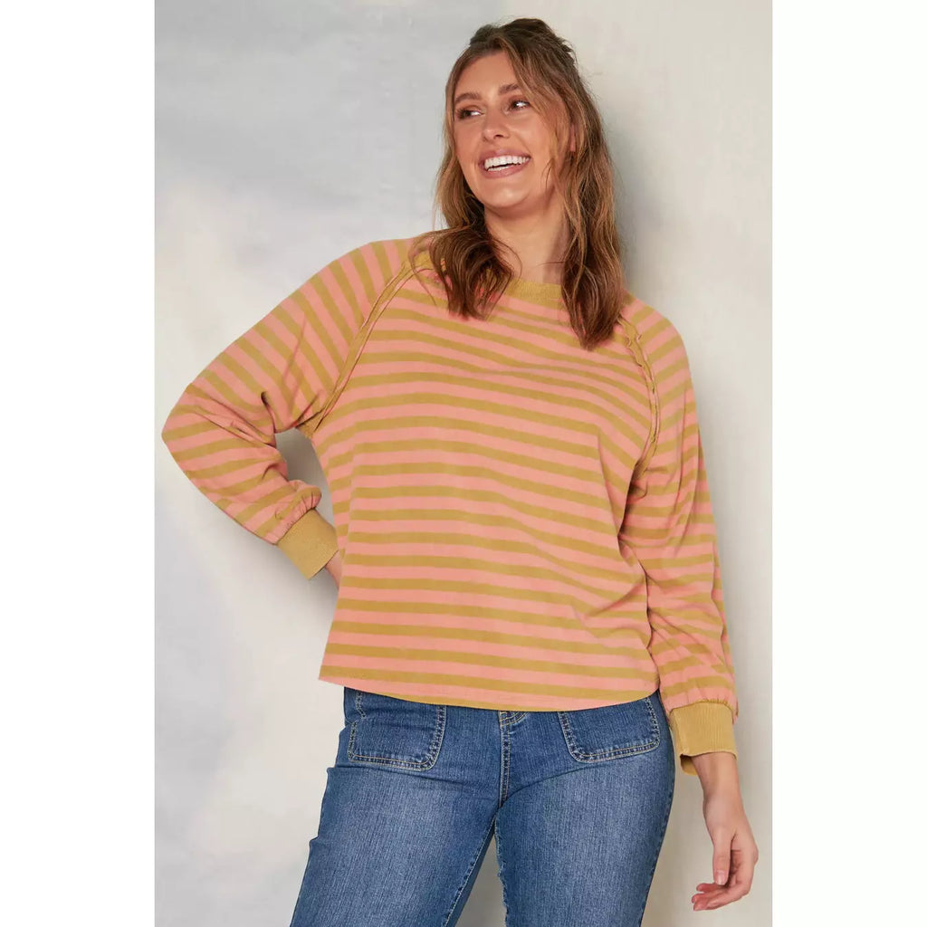 Long Sleeve Raglan Top - Golden Green/Melon Stripe - Willow and Vine