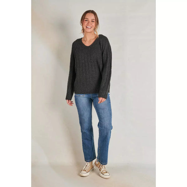 V-Neck Rib Knit Top - Black - Willow and Vine
